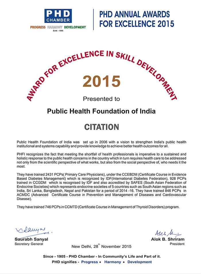 PHD CHAMBERS award for Excellence in skill development for the year 2015